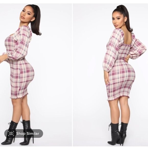 Fashion Nova Long Sleeve Smocked Plaid Mini Dress - Picture 2 of 3